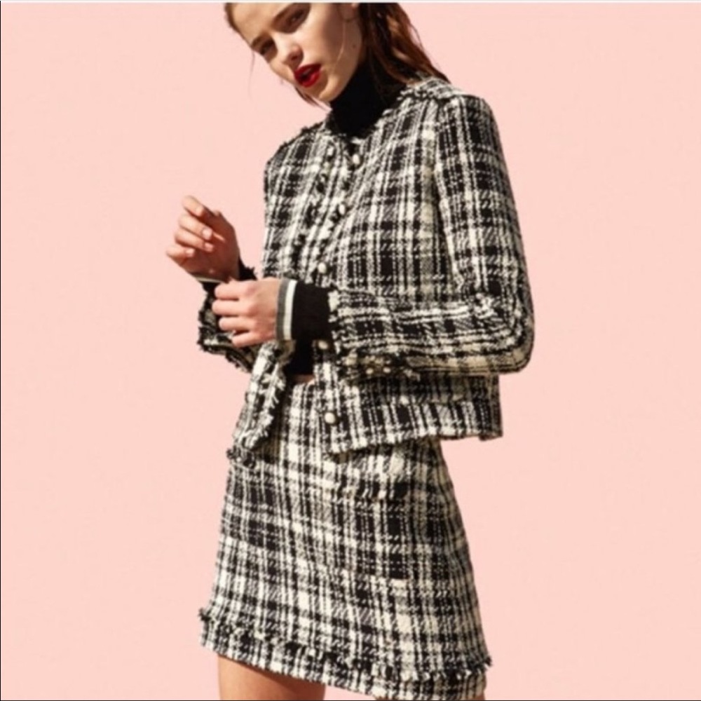 ZARA Black/White Tweed Blazer Jacket with Pearl Buttons size S